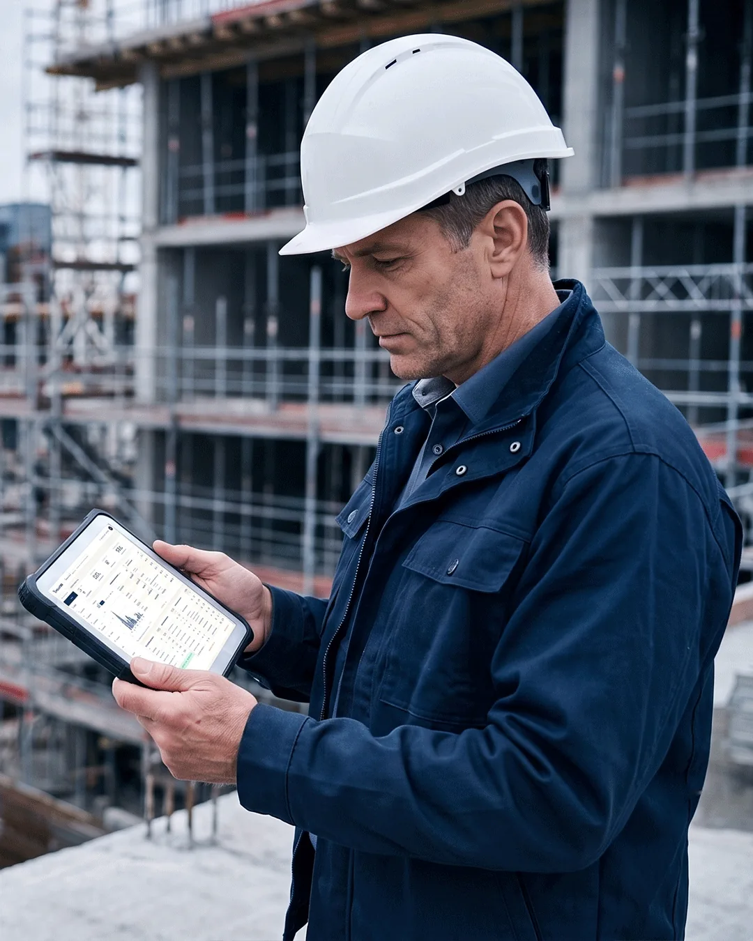 Supervisor de obra consultando Teckio en una tablet frente a la construcción