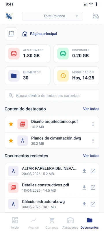 App de Teckio en el teléfono: documentación del desarrollo Torre Polanco con almacenamiento, contenido destacado y documentos recientes (planos, PDF y DWG)