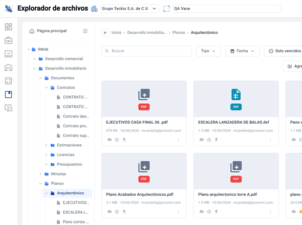 Sistema de gestión documental de obra: planos, contratos y minutas centralizados por proyecto en Teckio ERP