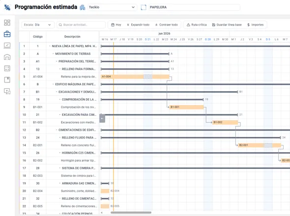 Nueva ruta crítica con diagrama Gantt rediseñado para programación de obra en Teckio ERP