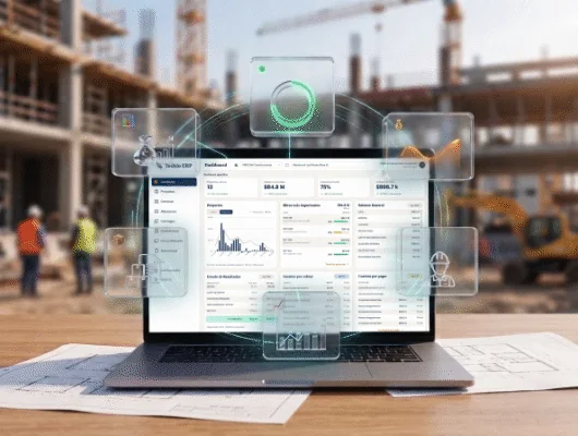 Dashboard de Teckio en una laptop sobre planos, con la obra de fondo