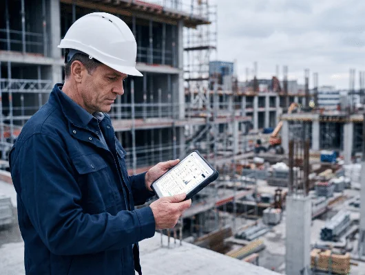 Supervisor de obra consultando Teckio en una tablet frente a la construcción