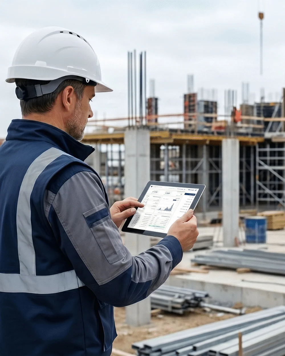 Supervisor consultando el avance de la obra en una tablet