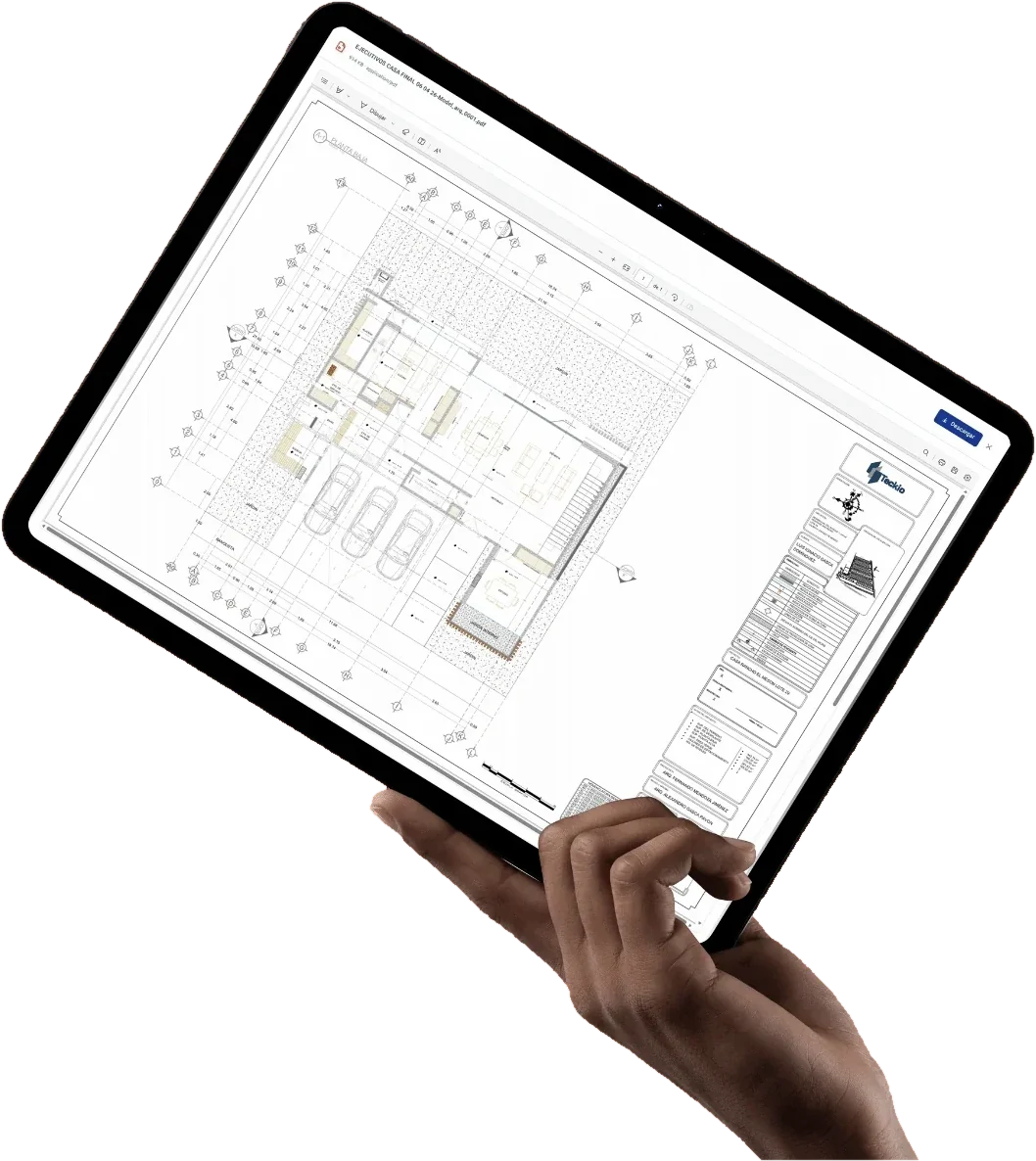 Visor de planos de Teckio en una tablet sostenida en obra, mostrando la planta baja del proyecto