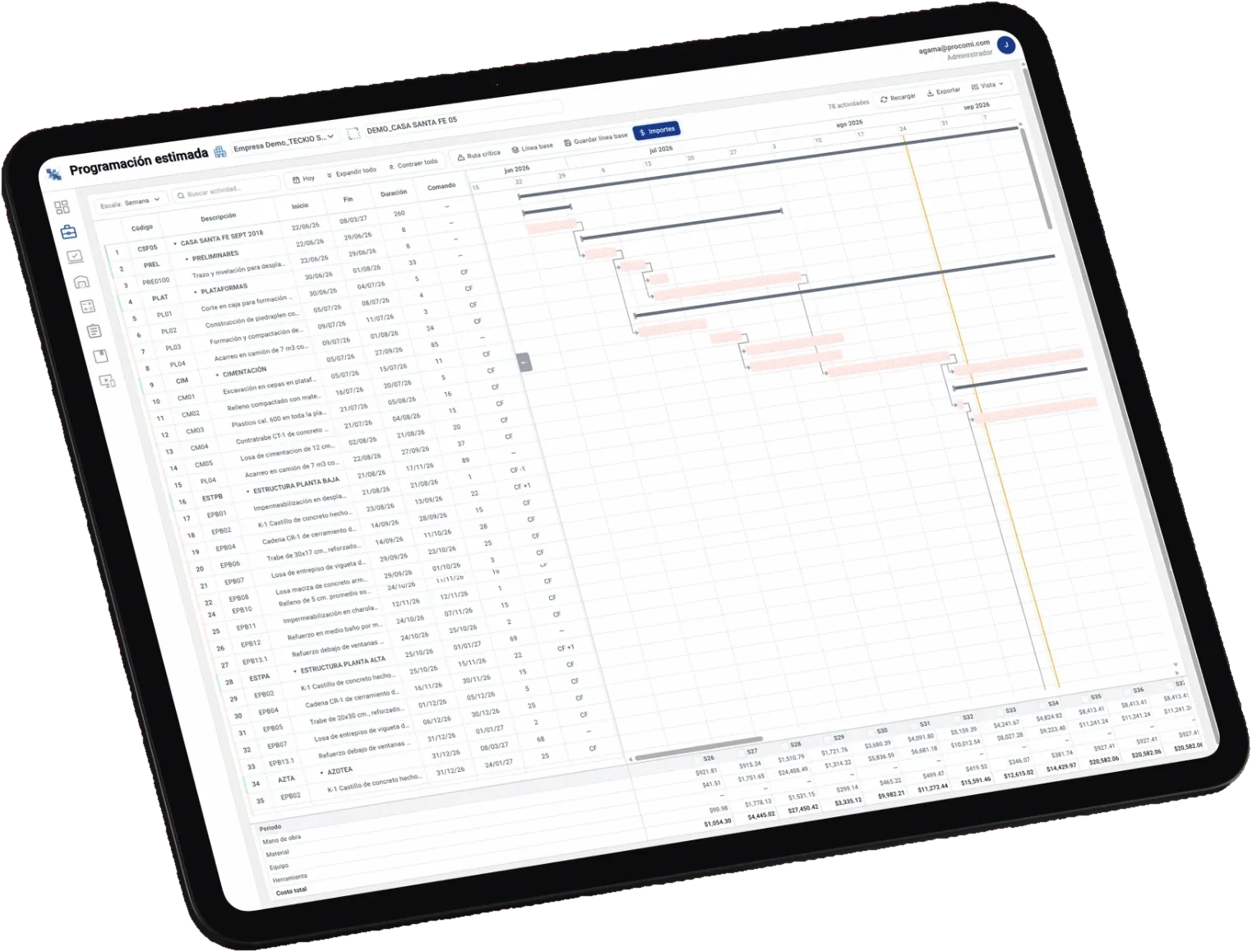 Teckio en una tablet: programación estimada de la obra con actividades, fechas y ruta crítica